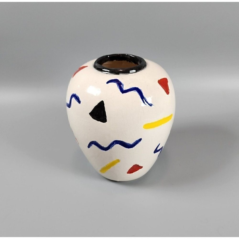 VINTAGE Hand Thrown Oval Vase White and Multicolor Abstract Pattern Signed 5.5"